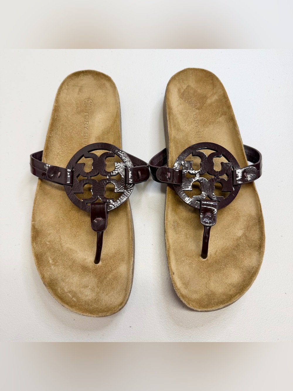 Tory Burch Miller Cloud Leather Thong Sandals Cork Bottom 9.5 Burgundy Brown
